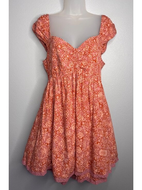 Free People Dresses & Skirts - Free People Tabitha Babydoll Mini Dress Orange Pink SZ L Smocked Back Pockets